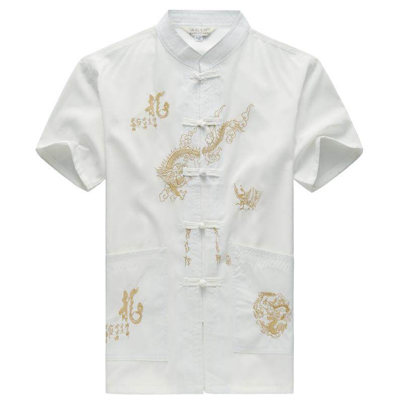 Red Black Men's Cotton Shirt Top Traditional Vintage Short Sleeve Kung Fu Tang Suit Men Chinese Dragon Embroidery Shirts Plus Size
