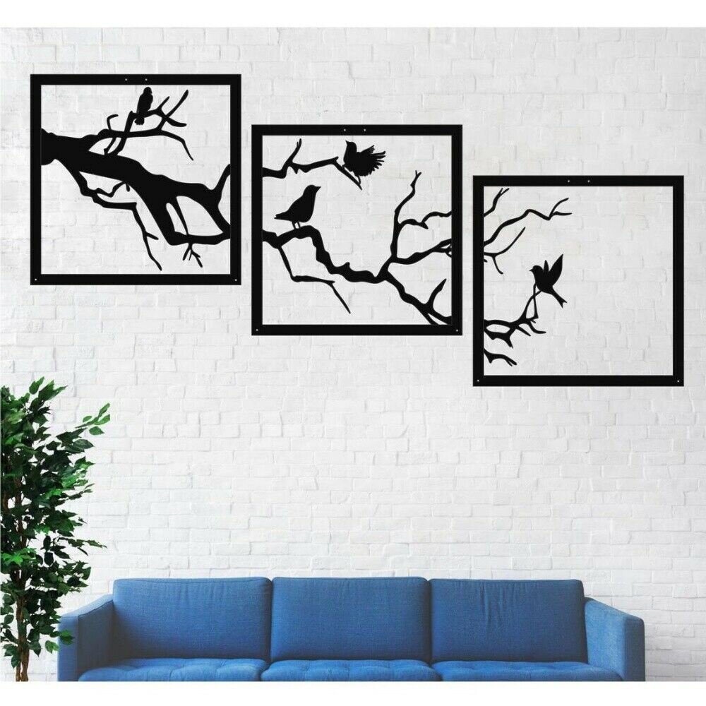 40x13inch Birds on Branch Wall Art, 3 Panels Metal Wall Decor, Metal Wall Hangings Wrought iron crafts Metal ornaments sign Pretty Artwork Wall Stickers Metal wall art home office decor