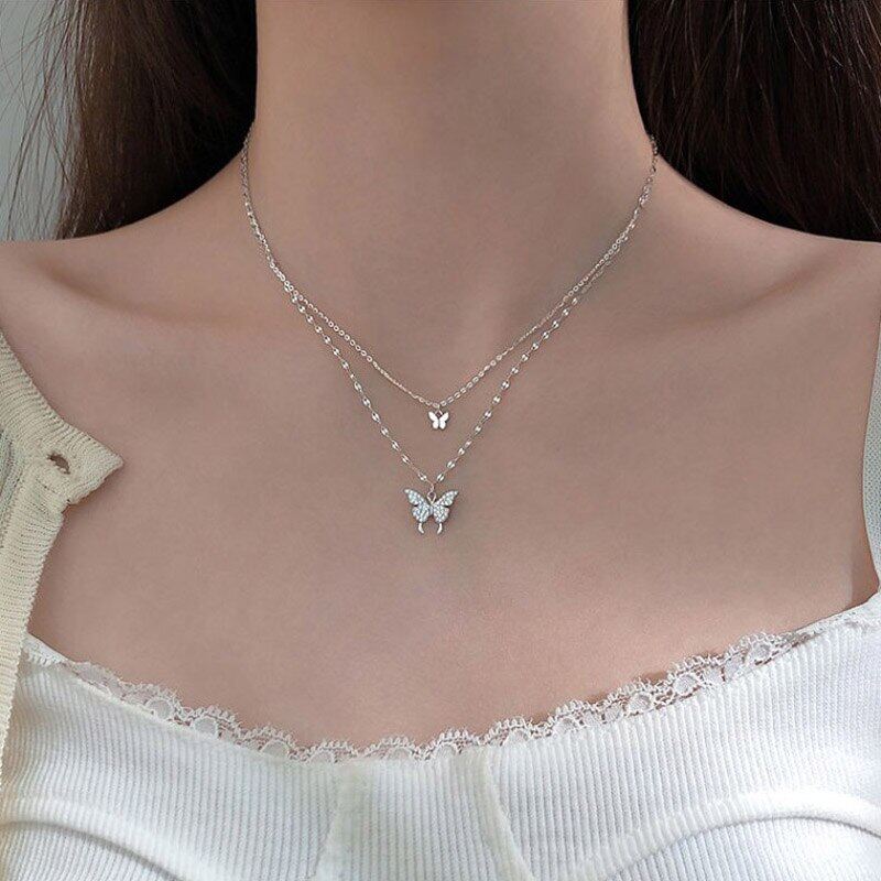 Double Layer Necklace Shiny Zircon Cute Butterfly Pendant Choker Gift For Women Fine Jewelry