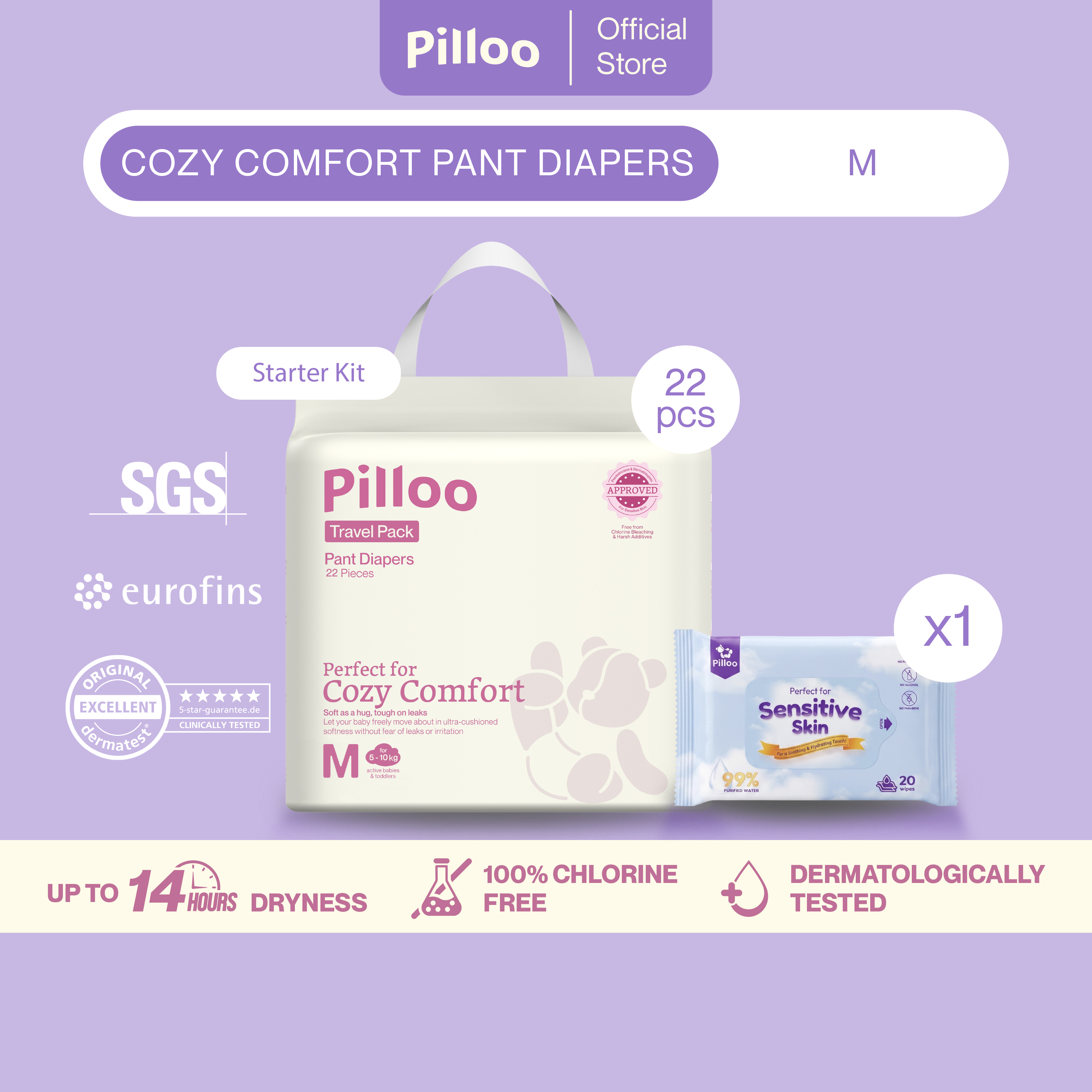 Starter Kit - Pilloo Cozy Comfort Baby Pants Diapers M/L/XL/XXL 22Pcs (Single Pack) + 1 Mini Wipe 20 Pcs