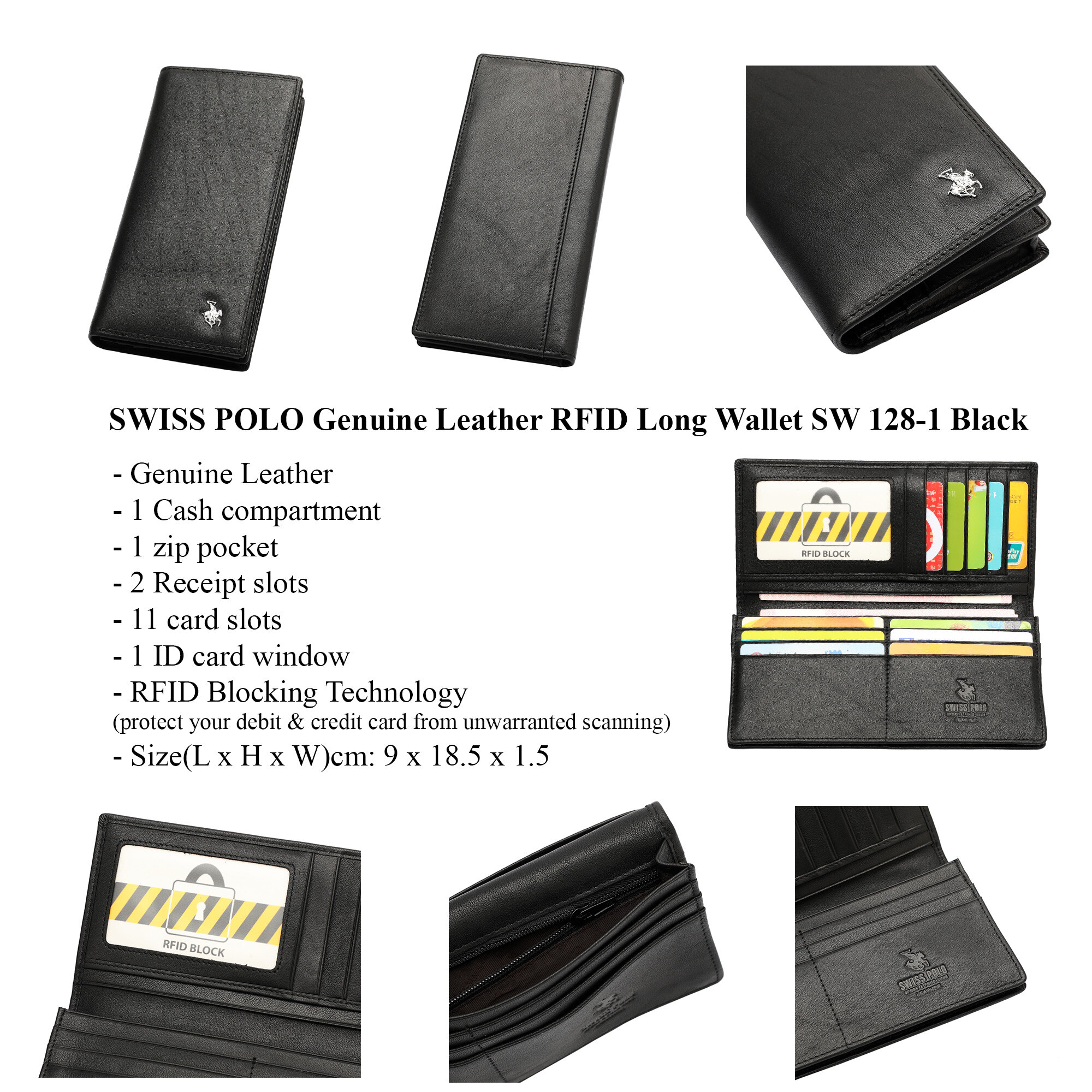 SWISS POLO Genuine Leather RFID Long Wallet SW 128-1 BLACK