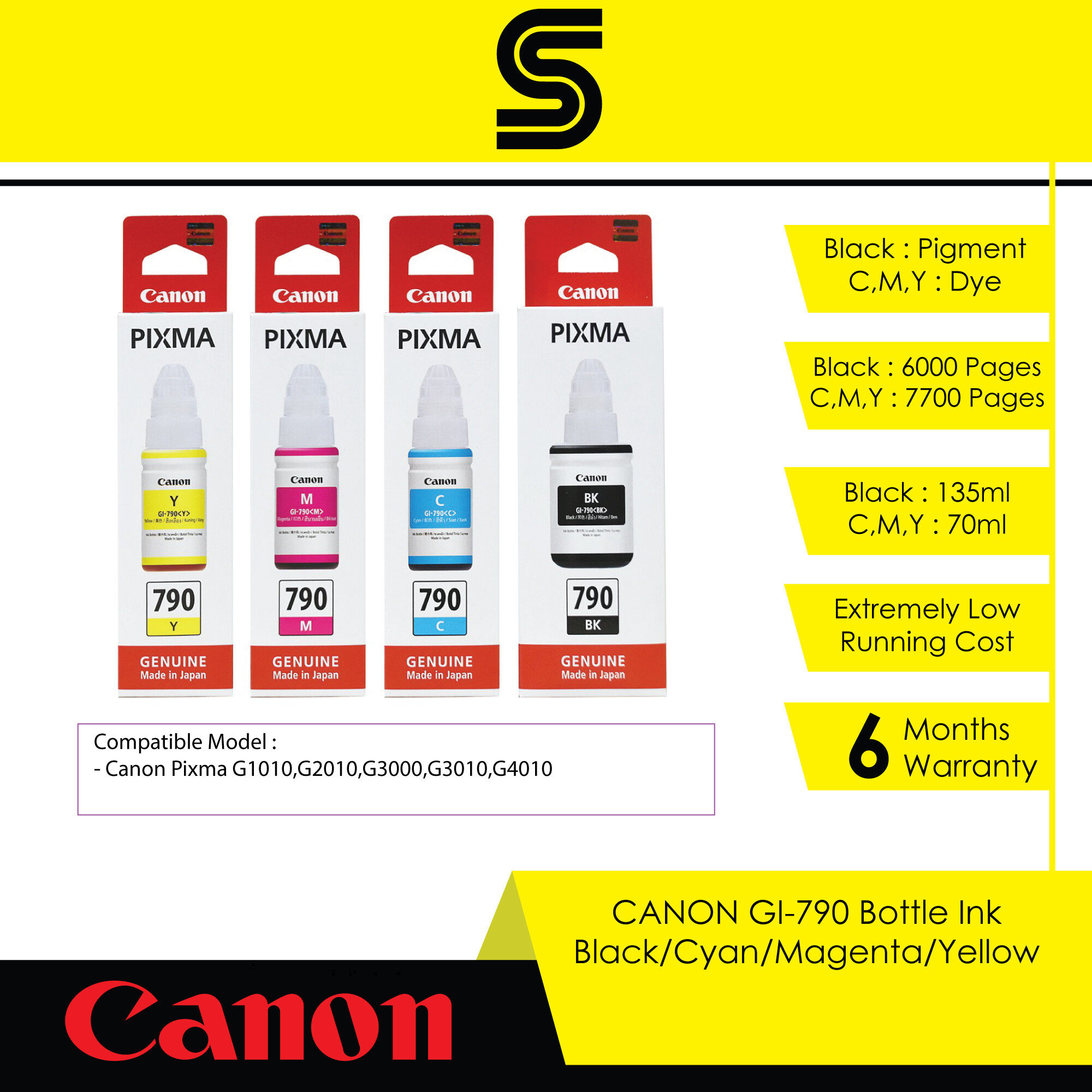 CANON GI-790 Ink Bottle - Black/Cyan/Magenta/Yellow - G1010,G2010,G3000,G3010,G4010