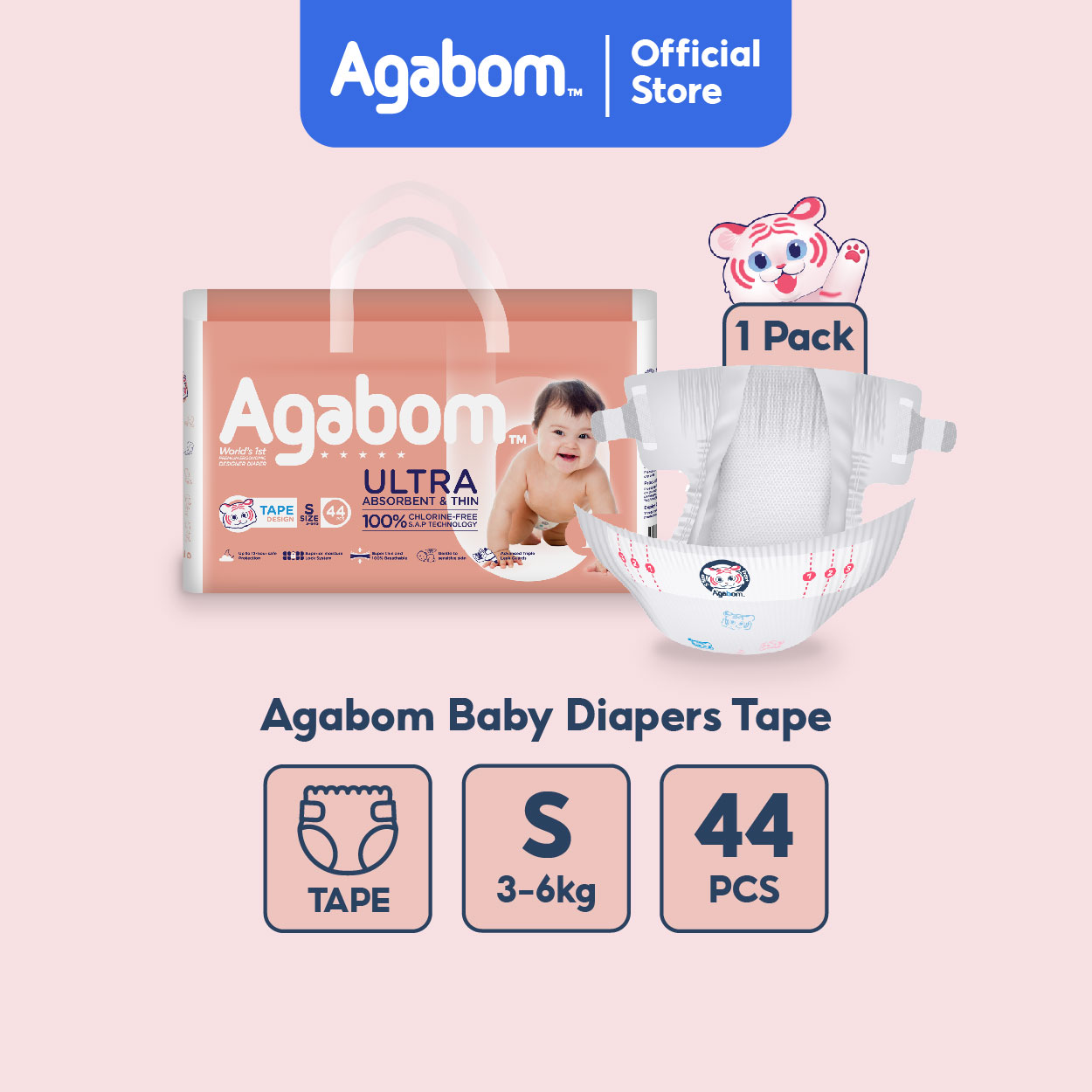 AGABOM Premium Baby Diapers Tape NB/S/M/L/XL 100% SAP Ultra-Thin Newborn Single Pack