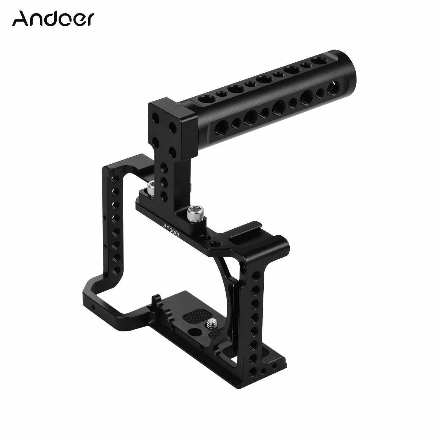 Andoer Professional Photography Camera Cage Kit Aluminum Alloy Camera Case Bracket with 1/4" 3/8" Extension Thread Holes Cold Shoe Mount Metal Handle Mini Wrench Compatible with Sony A6600,A6500,A6400,A6300,A6000 (Standard)