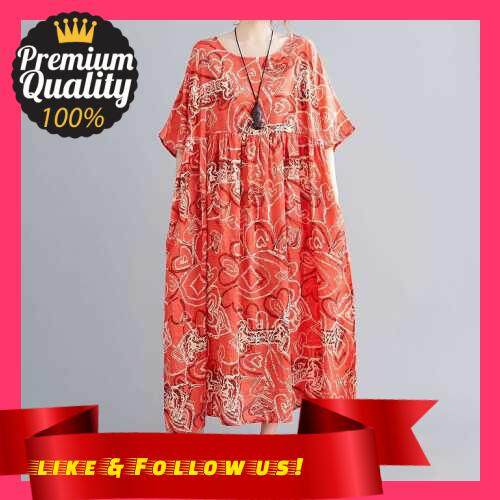 People\'s Choice Women Loose Dress Vintage Floral Print Pockets Half Sleeve Oversized Holiday Boho Casual Robes (Orange)