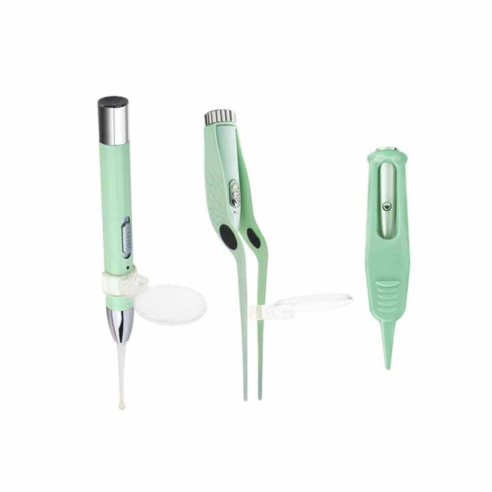 Electric Ear Wax Removal Cleaning Kit for Kids with LED Light Earwax Spoon Kit with Storage Case Ear and Nose Cleaner Curette Tweezers 4Pcs Replacement 2Pcs Metal Earwax Spoons Green (Standard)