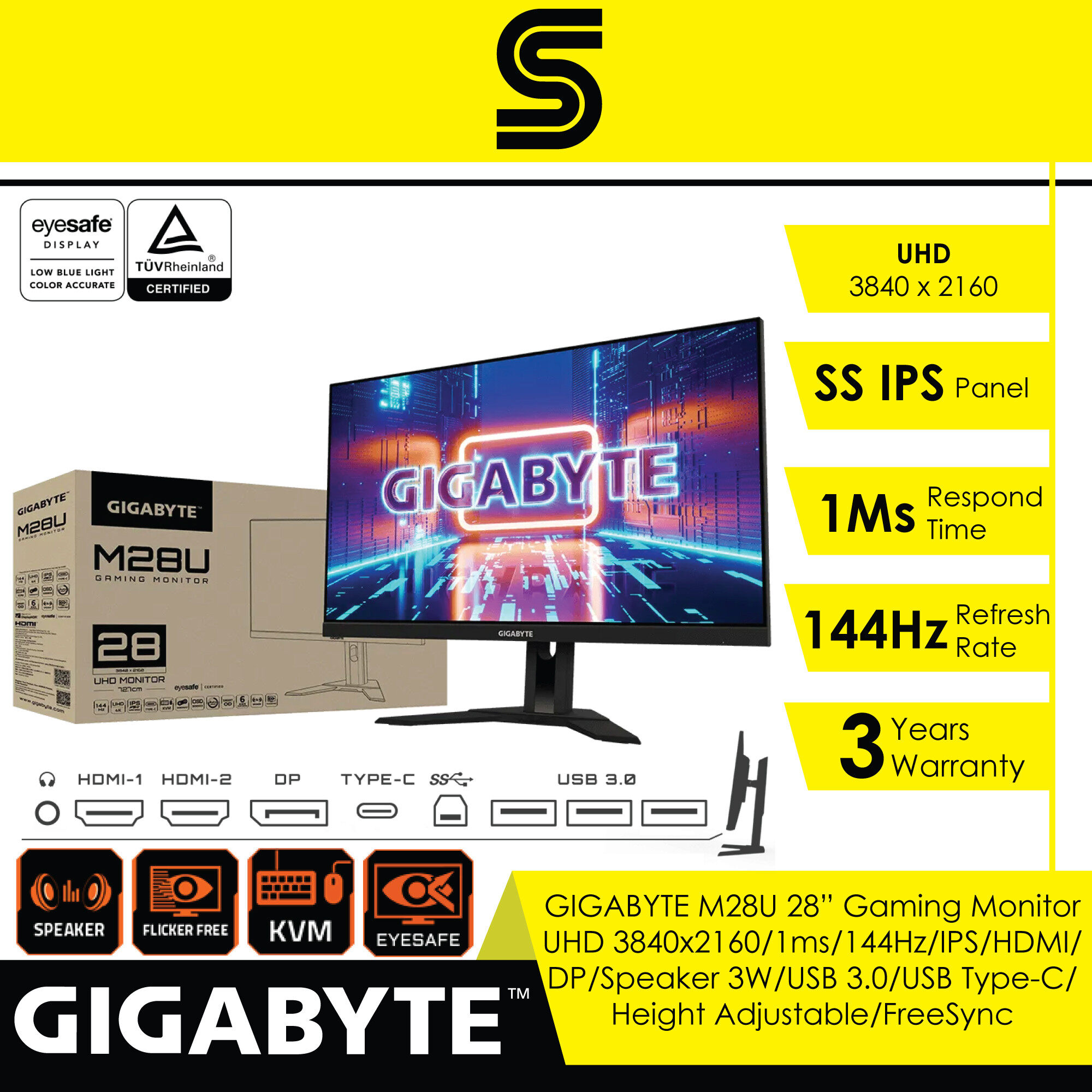 GIGABYTE M28U 28” Gaming Monitor UHD 3840x2160/1ms/144Hz/IPS/HDMI/DP/Speaker 3W/USB 3.0/USB Type-C/Height Adjustable/FreeSync