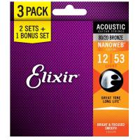 Elixir Guitar Strings 16544/16539 Light 80/20 Bronze Nanoweb Acoustic Guitar Strings 3-Pack (.011-.052/.012.053)