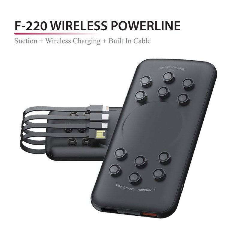 F-220 WIRELESS POWERLINE - SUCTION PAD WIRELESS CHARGING - 4XBUILT IN CABLES - 10000mAh
