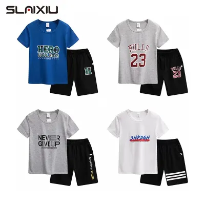 SLAIXIU Cotton Children Kids T-shirt Baby Boys Clothes Set Short Sleeve Letter Print + Shorts Clothing For 7-14 Years Kids (2 Pieces / Set)