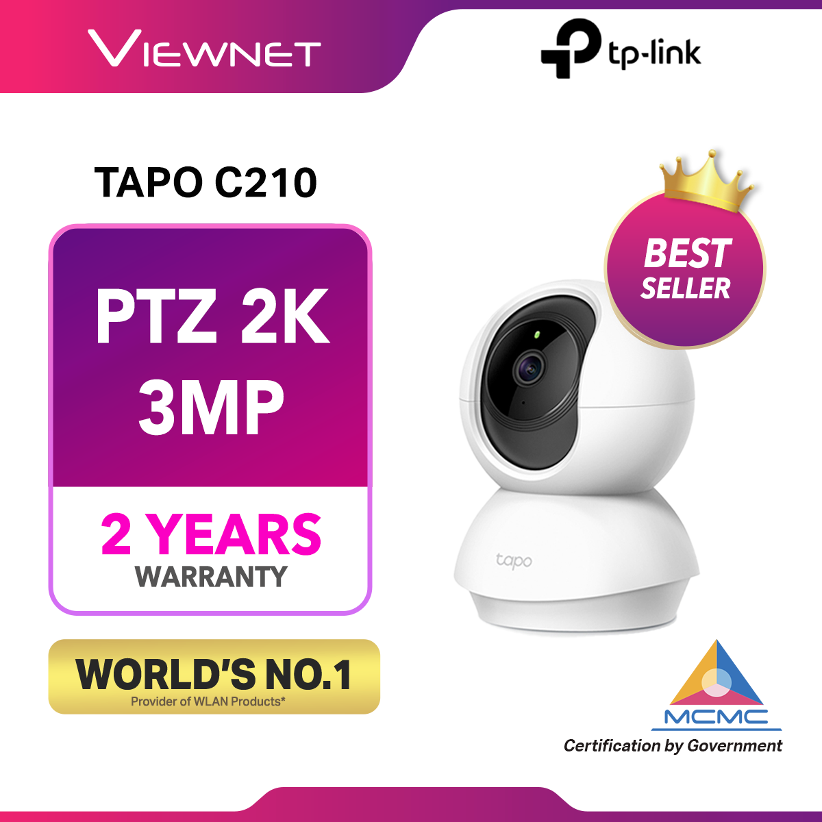 TP-LINK TAPO C210 PTZ 2K CCTV 3MP SUPER HD/Amazon Safety CLOUD/Sirim Certificated-Pan Tilt Home Security WIFI Camera (TC70)