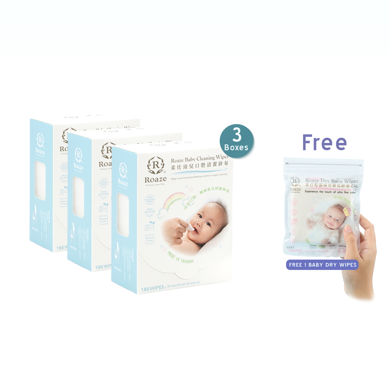 Roaze Baby Dry Wipes 180pcs (Medical Grade) Baby Oral Cleaner Gauze Pembersih Lidah Bayi (dry & wet Use)