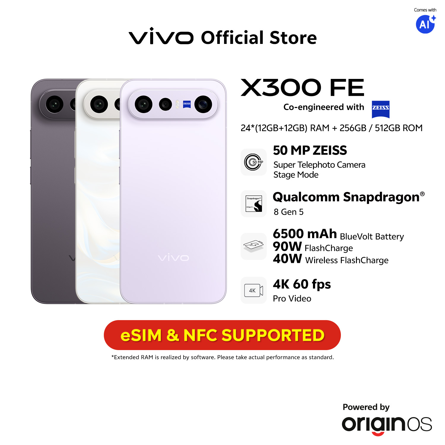 【New Arrival】vivo X300 FE 5G | 50 MP ZEISS Super Telephoto Camera | Ultra-Clear Stage Mode | Dual-View Stage Video | Flash Portrait | 4k 60 fps Pro video | AI High Resolution Clear Imaging | Snapdragon 8 Gen 5 | Ultra Thin Ultra Light