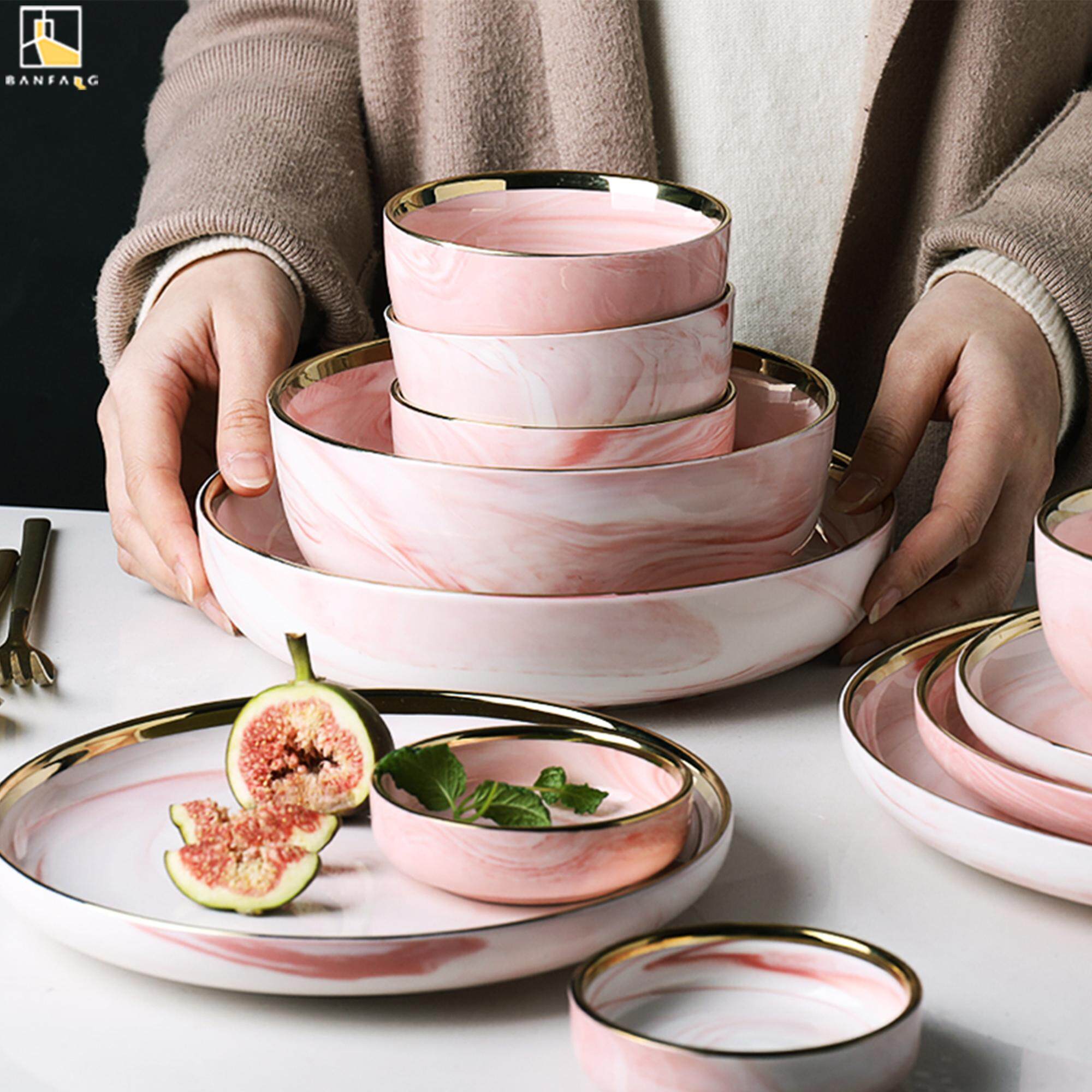 BANFANG Golden edge marble grain ceramic tableware rice bowl rice bowl soup bowl vegetable plate household bowl combination