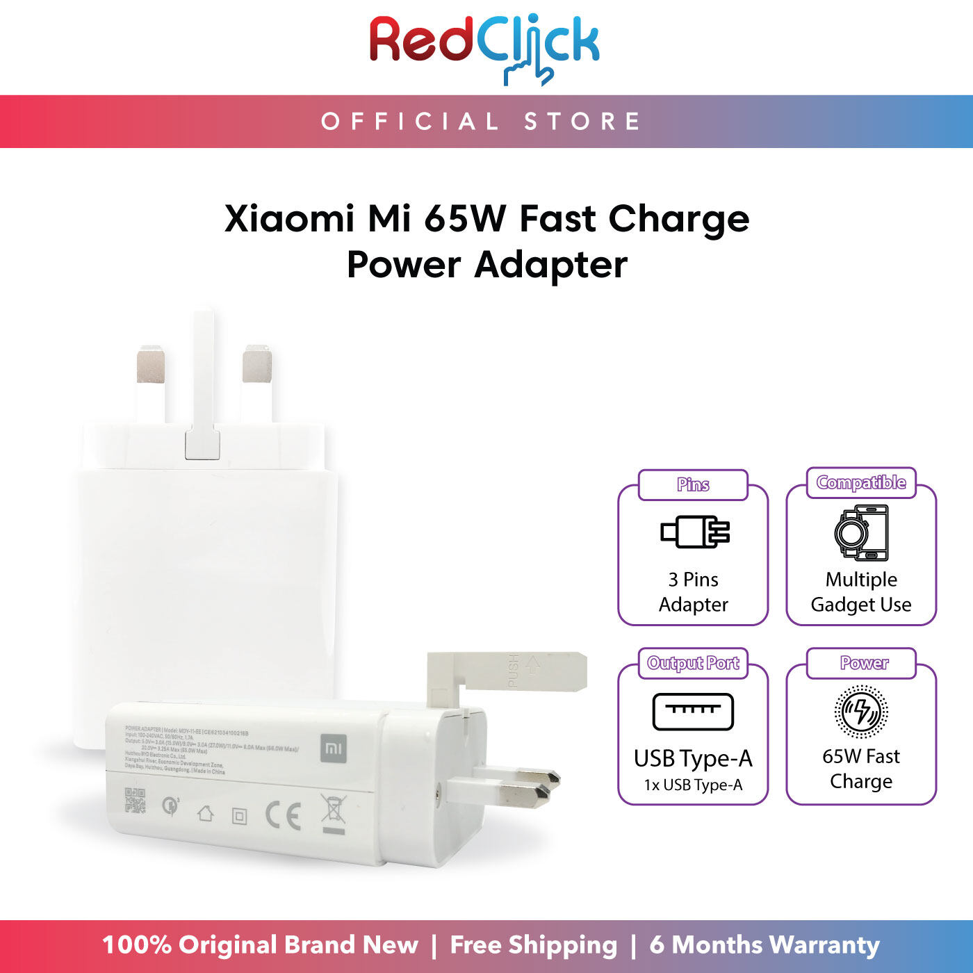 Xiaomi Mi Power Adapter 65W (Max) Support Mi Turbo Charge MDY-11-EE Original Xiaomi Product (Loose Pack)