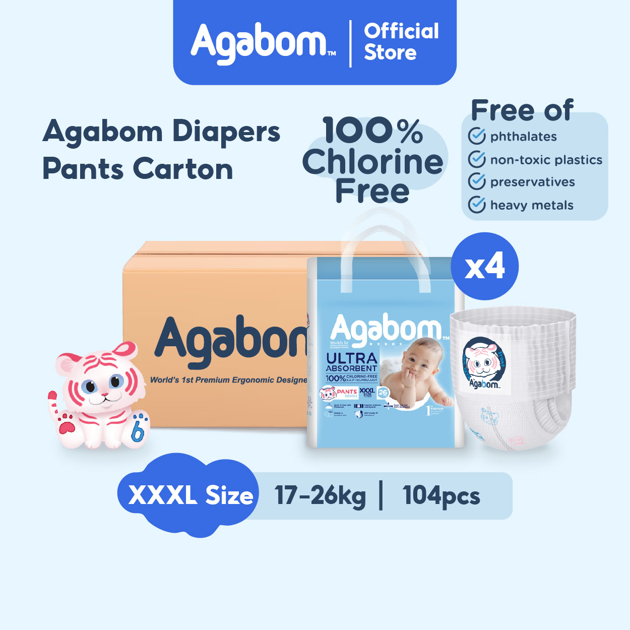 [Carton] AGABOM Premium Baby Diapers Pull-Up Pants 100% SAP Ultra-Thin Nightwear XXXL26 (4 Packs)