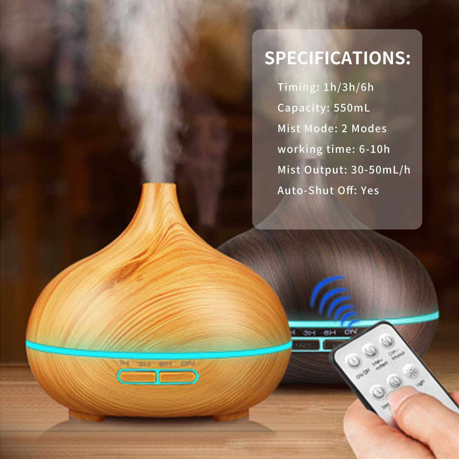 People's Choice 550mL Essential Oil Diffuser Mist Humidifier Diffuser Colorful Night Light Quiet Auto-Shut Off Humidifier with Remote Control Cool Desktop Humidifier for Home Office Bedroom (Khaki)