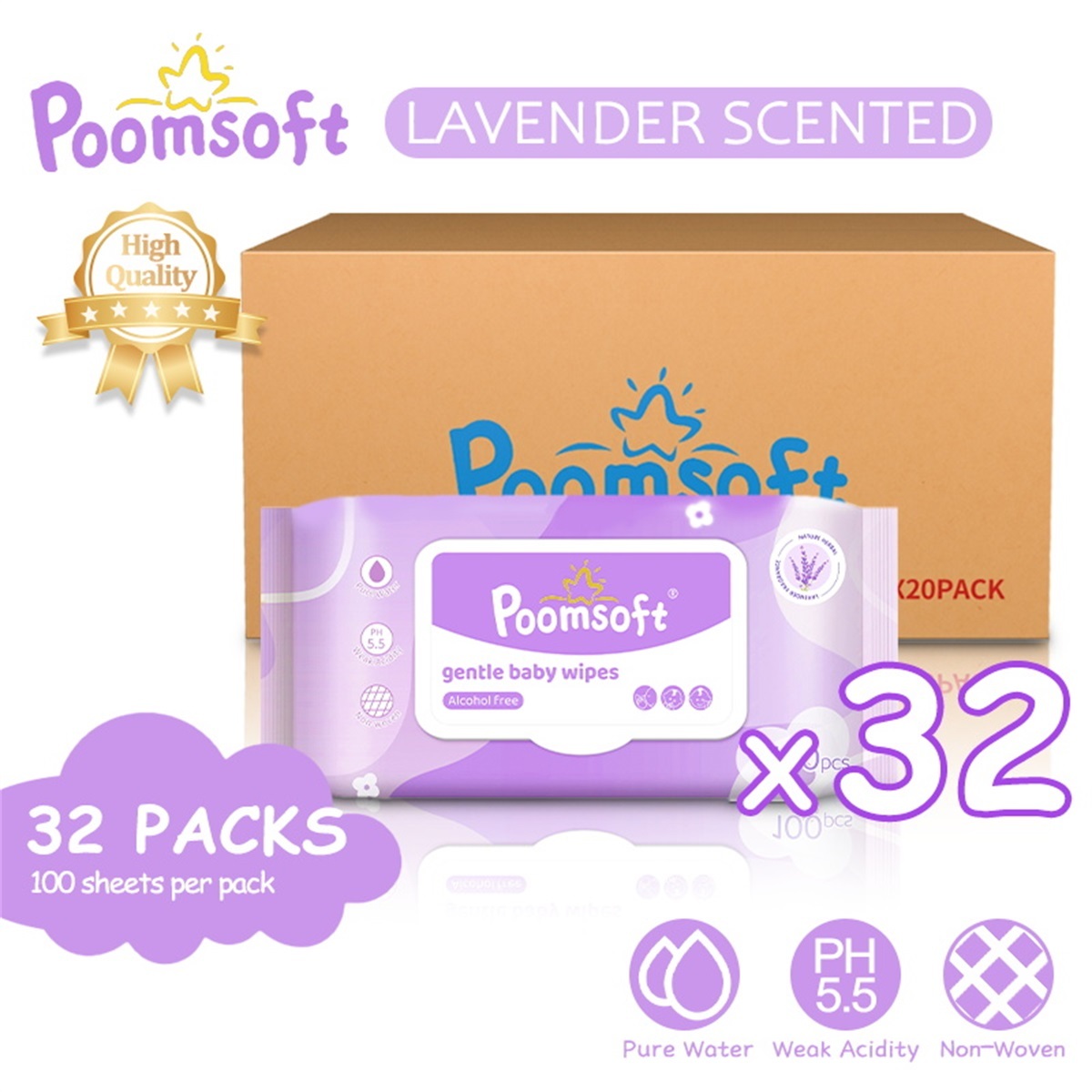 POOMSOFT Non Alcohol Baby Wet Wipes/Lavendar Wet Tissue (3200 Pcs/32Pack)