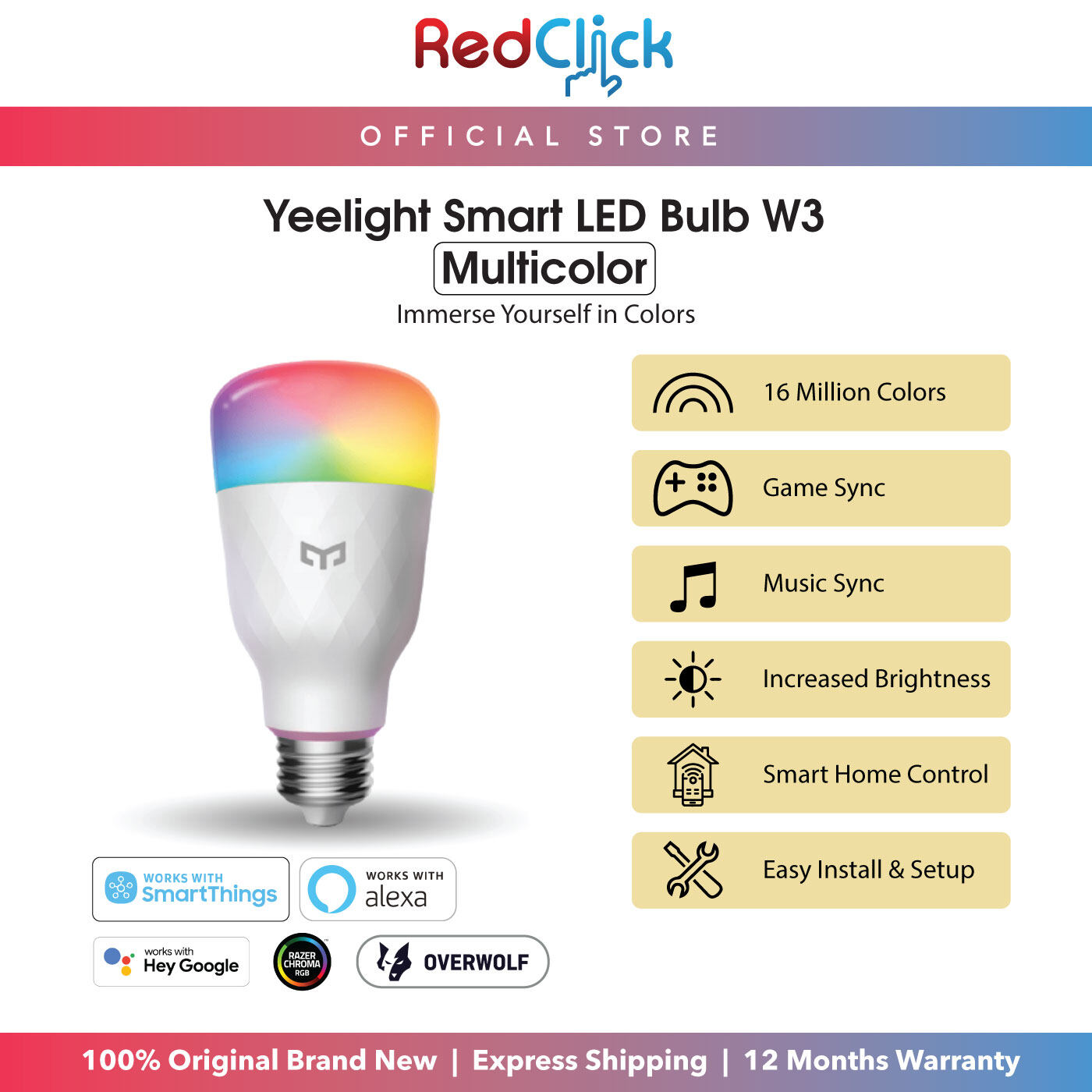 Yeelight Smart LED Bulb W3 Multicolor 16M Colors Game Sync Music Sync Work With Razer Chroma RGB Light Effects Easy Setup Support Home App Control