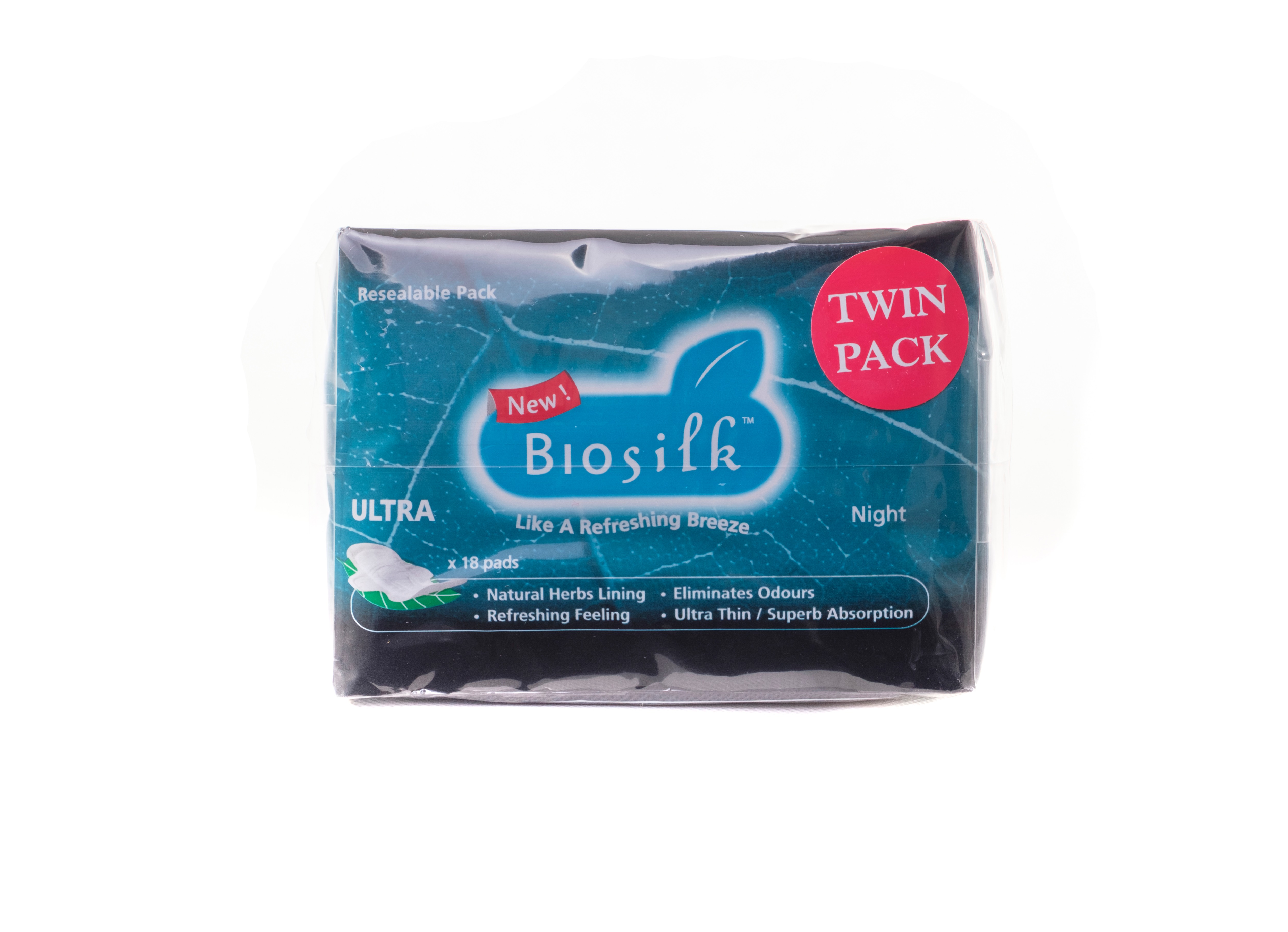 Biosilk Herbal Ultra Nightuse Twin Pack Sanitary Napkins / Pads 29cm x 18's x 2