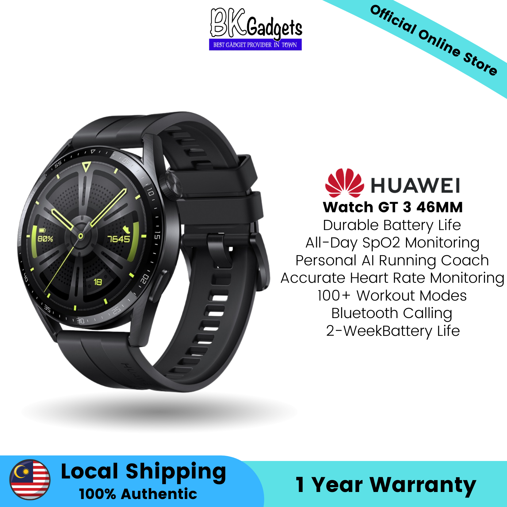 Huawei Watch GT 3 46MM Black - All-Day SpO2 Monitoring | 100+ Workout Modes | Bluetooth Calling