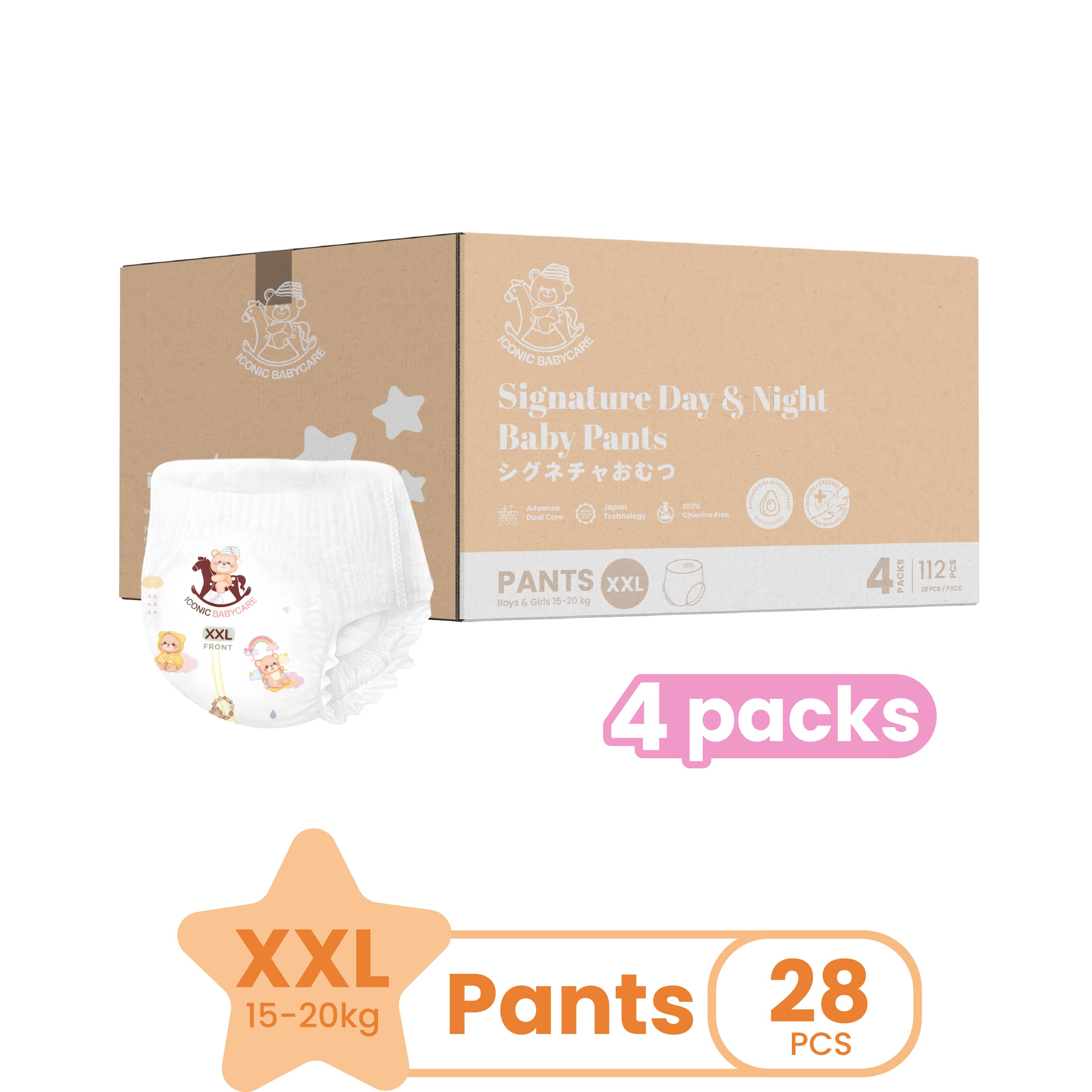 [Bundle of 4] Iconic Babycare Signature Day & Night Baby Diaper Pants M176/L152/XL128/XXL112