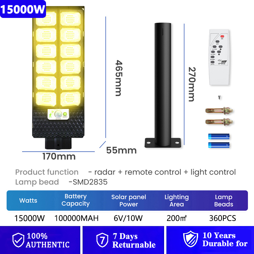 15000W Solar Outdoor Light With 3 Modes Super Bright IP67 Waterproof Solar Street Light With Remote Control+Motion Sensor Suitable For YardParkGarden