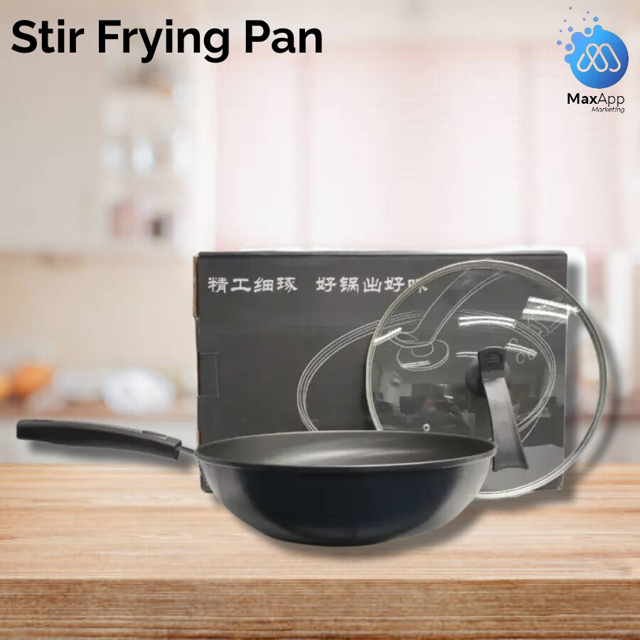 (Ready Stock) Stir Fry Pan Large 32cm Nonstick Frying Pan Flat Bottom Cookware With Glass Lid Cooking Wok 平底锅