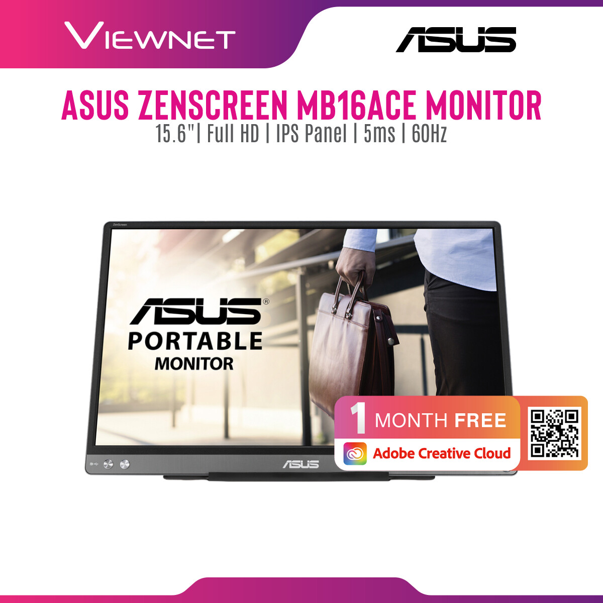 Asus ZenScreen MB16ACE Portable USB Monitor- 15.6 inch Full HD, Hybrid Signal Solution, USB Type-C, Flicker Free, Blue Light Filter, Anti-glare surface