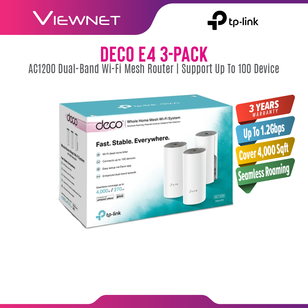 Tp-Link Deco E4 (3-Pack) AC1200 Whole Home Mesh WiFi System