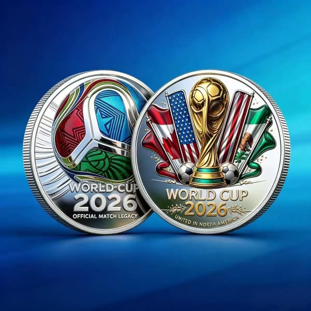 1PCS-Football 2026 World Cup Football Commemorative Coin Football Trophy Color Printed Desktop Ornament Collection Free Commemorative Medal【Both positive and negative sides】足球 2026世界杯足球纪念币足球奖杯彩印桌面摆件收藏赠送纪念章【正反两面】】