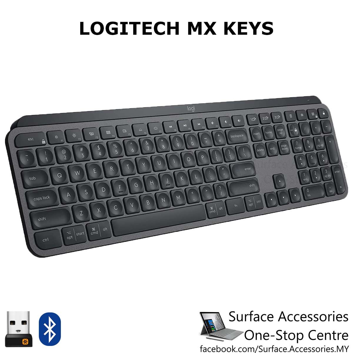 Logitech MX Keys Advanced Wireless Illuminated Keyboard Tactile Backlight Bluetooth USB-C Apple macOS Linux Windows Tactile Responsive Typing Logitech Flow
