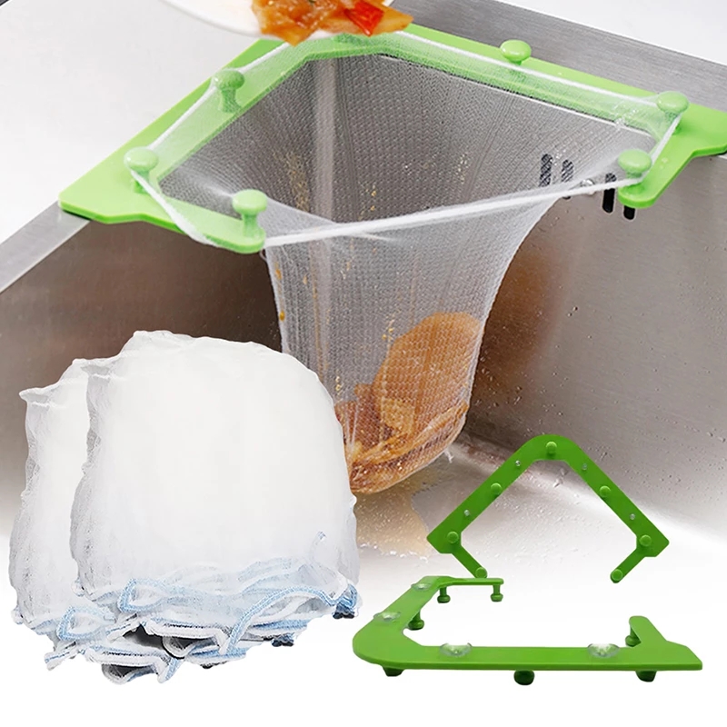 Lưới lọc bồn rửa bát hình tam giác có giá đỡ + 50 cái túi lưới lọc lưới lọc bồn rửa bát lưới treo hình tam giác chất thải nhà bếp, lưới lọc thức ăn thừa thoát nước cho cặn thực phẩm
