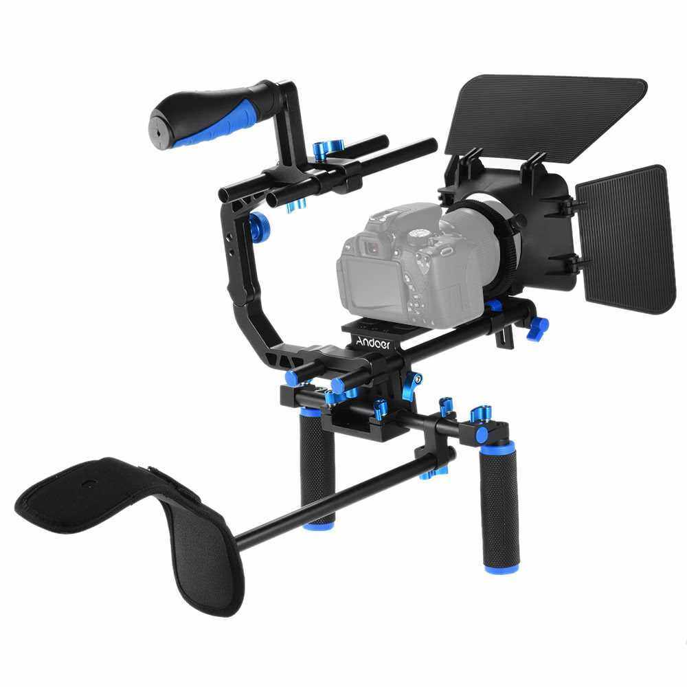 Andoer D102 Aluminum Alloy Camera Camcorder Video Cage Kit Film Making System with Cage Shoulder Pad 15mm Rod Matte Box Follow Focus Handle Grip for Canon Nikon DSLR (Blue + White)