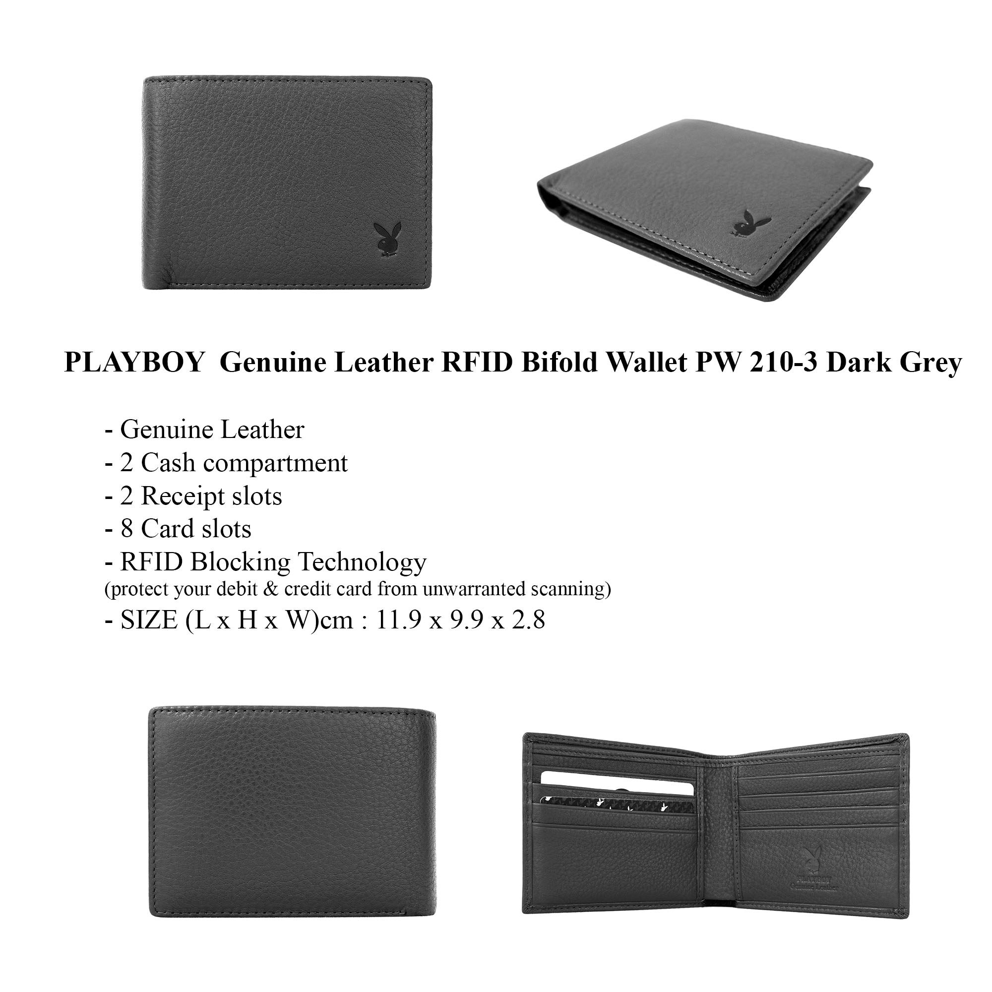 Playboy Genuine Leather RFID Long Wallet / Bifold Wallet PW 210 Dark Grey