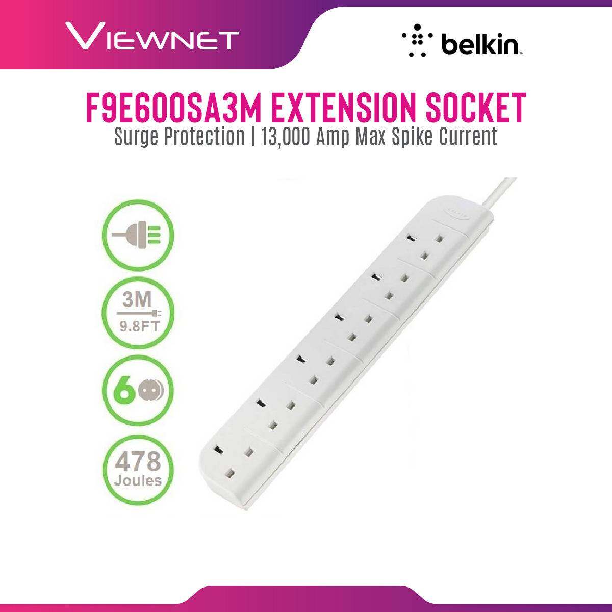 Belkin F9E600SA3M Extension Socket with Surge Protection , 13,000 Amp Max Spike Current