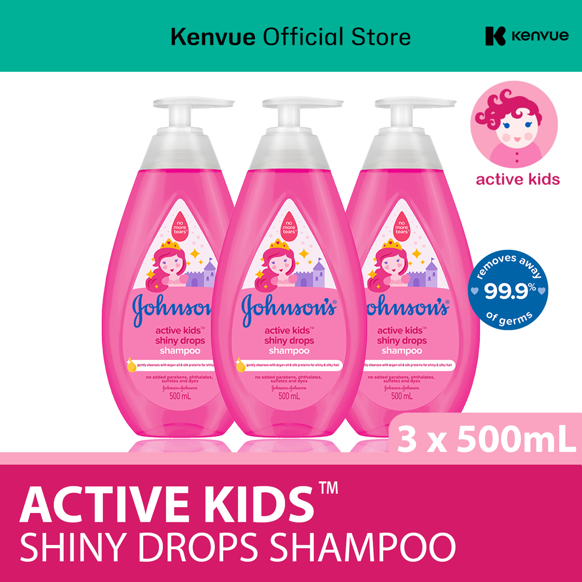 Johnsons Active Kids Shiny Drops Shampoo 500ml x 3