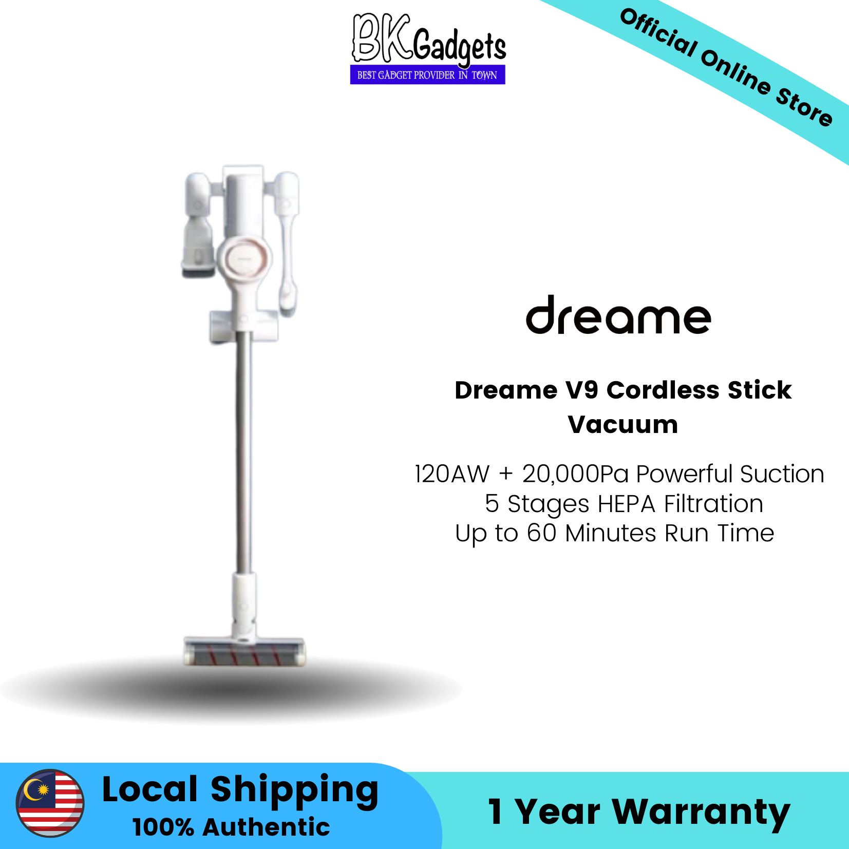 Dreame V9 Cordless Stick Vacuum |120AW + 20,000Pa Powerful Suction | 5 Stages HEPA Filtration |Up to 60 Minutes Run Time