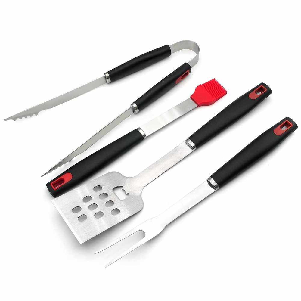 BBQ Grill Tools Set 4 Pcs Grilling Utensils Spatula Tongs Fork Basting Brush Stainless Steel Barbecue Accessories Kit (Standard)