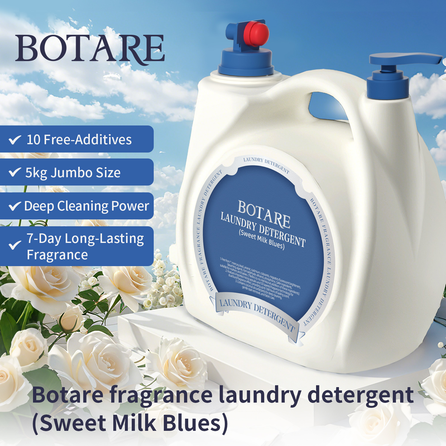 【5kg+100g】BOTARE Sweet Milk Blues Series Baby-Friendly Laundry Liquid – Large Dual Nozzle Family Size Gentle on Childrens Skin