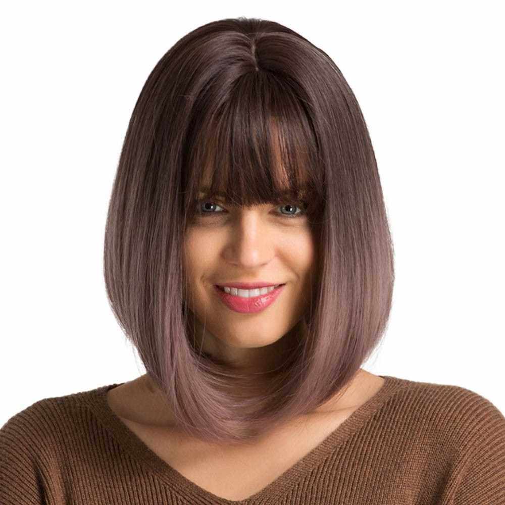 Straight Short Bob Wigs With Bangs Natural with Highlight For Women Bob Wigs Heat Resistant Synthetic Hair Wigs (Standard)