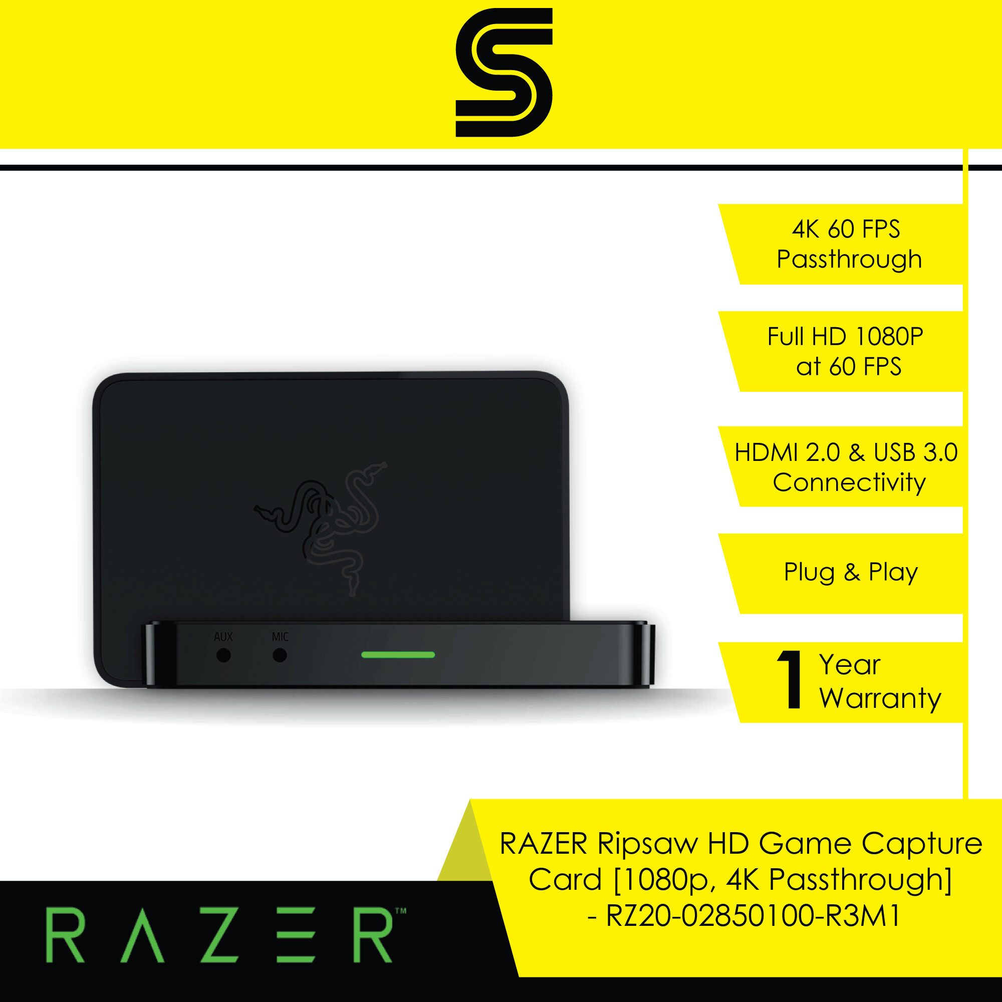 RAZER Ripsaw HD Game Capture Card [1080p, 4K Passthrough] - RZ20-02850100-R3M1
