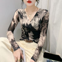 REHIN Womens top European-style Crossed V-neck fashion long-sleeved t-shirt mesh printed slimming base shirt
