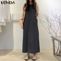 VONDA Women Casual Crew Neck Sleeveless Solid Denim A Swing Long Dress Plus Size (Korean Causal)