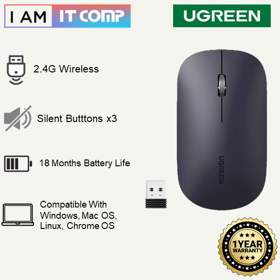 UGREEN MU001 2.4G Wireless Silent Mouse / Thin & Slim / 4000DPI / 18 Months Battery Life / Plug & Play ( Gray / Green / Black )