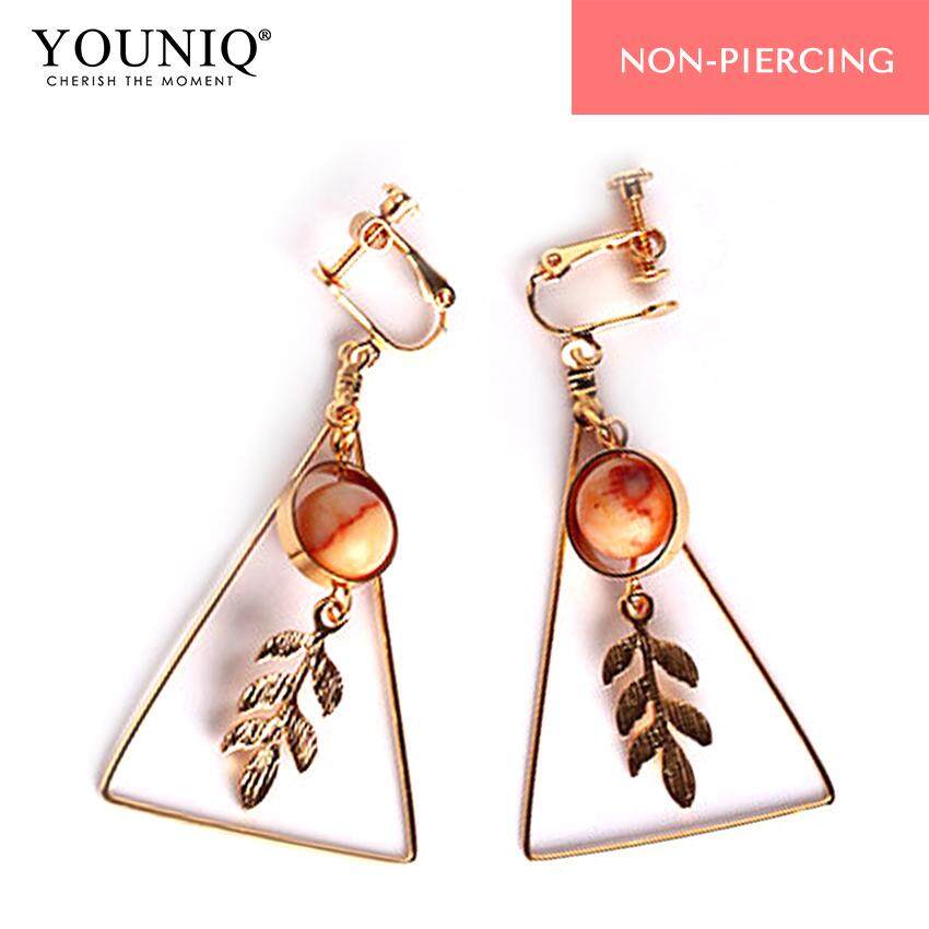 YOUNIQ Basic Korean Rosegold Triangle Leaves Long Drop Clip On Earrings for No Ear Hole Non Piercing