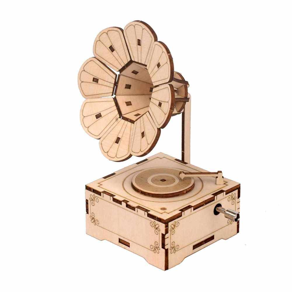 Retro Phonograph 3D Wooden Puzzle Hand Crank Music Box Vintage Gramophone DIY Assembly Craft Model Kit Home Decoration Educational Gift for Birthdays Christmas Holiday for Students Boys Girls Adults to Build (Standard)