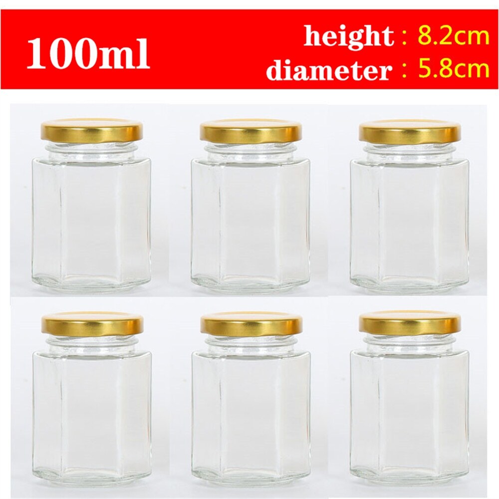 {HAOY Department Store} 6 hộp đựng đồ hộp có nắp đậy Vàng 100ml lọ thủy tinh hình lục giác đựng gia vị mứt dành cho đám cưới mật ong và hơn thế nữa