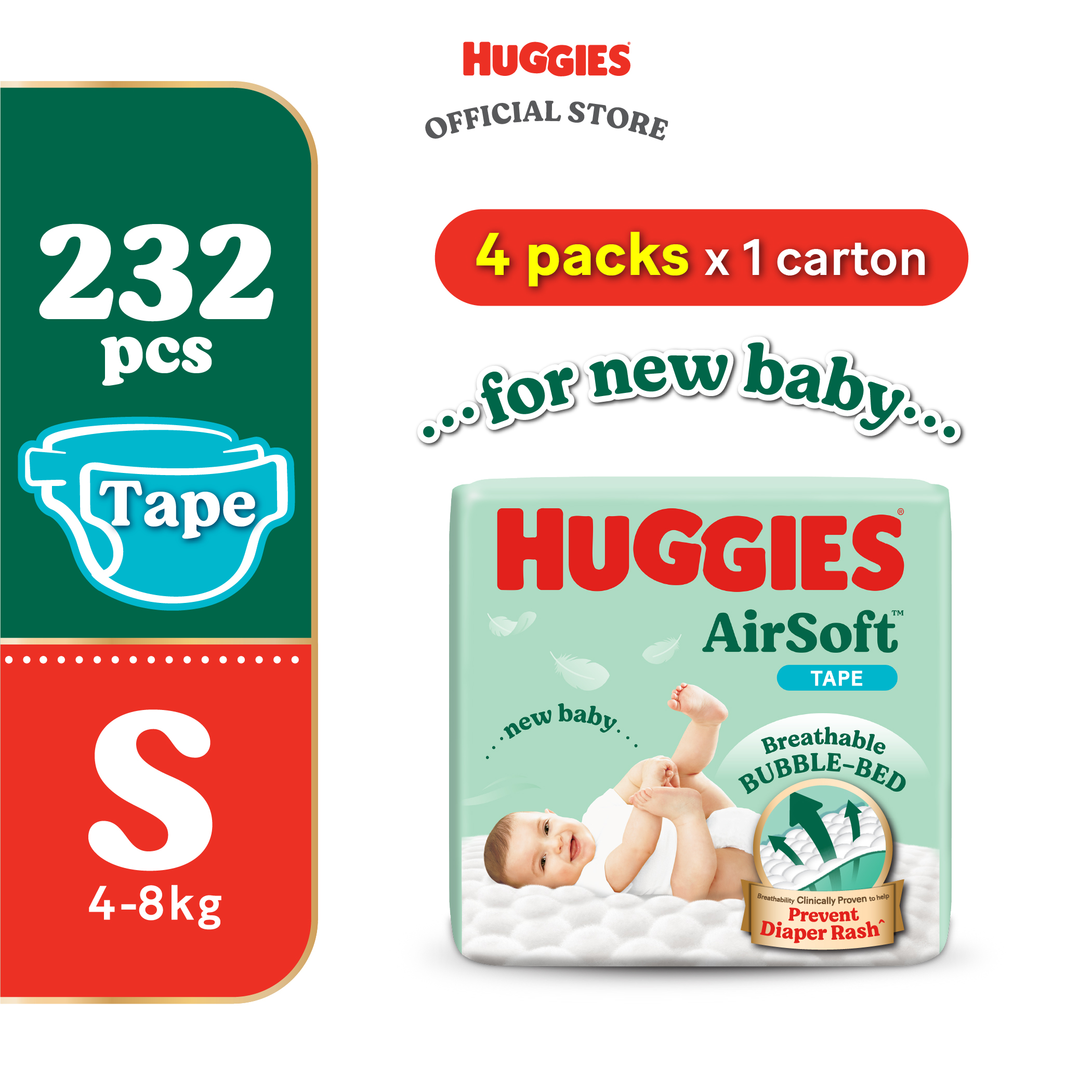 Huggies Airsoft Tape Diapers NB68/S58 (4 packs) - Breathable and soft premium diapers for baby