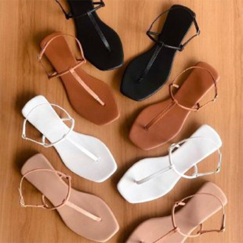 {shoe shop}2022 New Summer Fashion Ladies Sandals Solid Square Toe Ankle Strap Buckle Simple Flat Women Pinched Toes Shoes